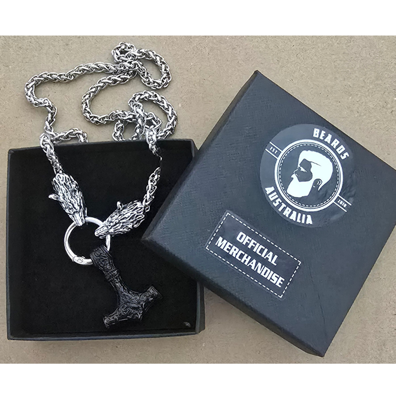 Men's Viking Heavy Weight Medieval Wolf Head and Black Hammer Pendant Necklace - Image 4