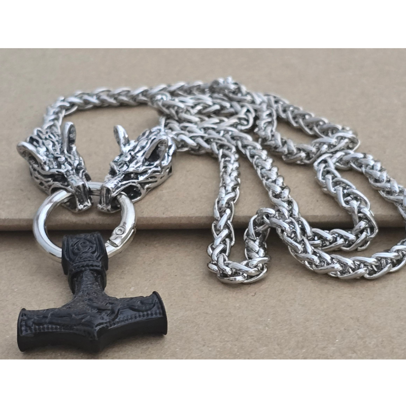 Men's Viking Heavy Weight Medieval Wolf Head and Black Hammer Pendant Necklace - Image 3
